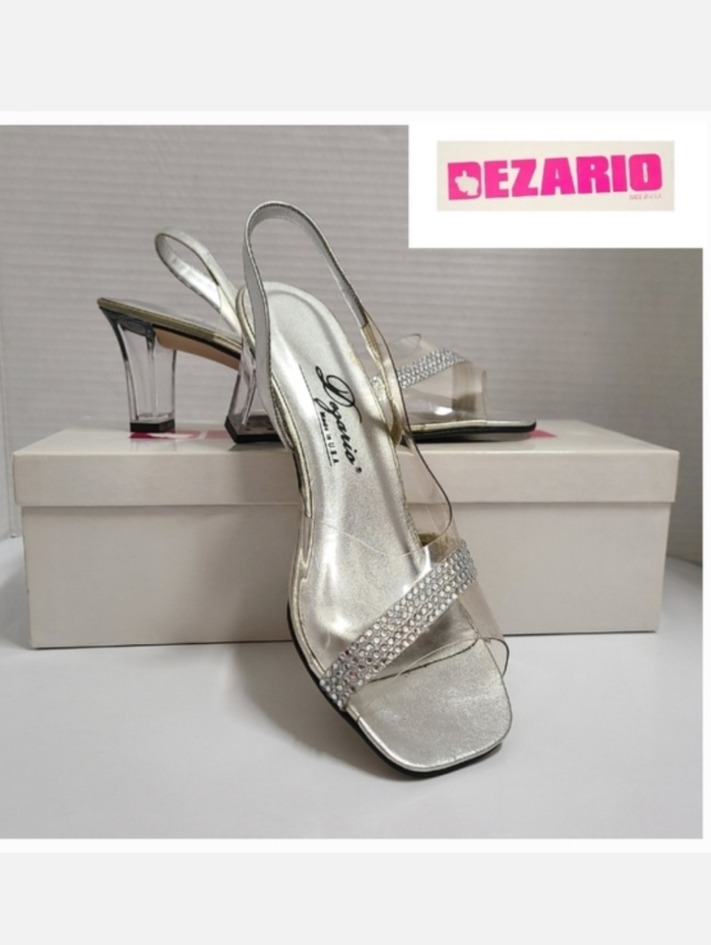 DEZARIO Silver & Clear Rhinestone Embellished "Garnet" Slingback 2" Heels 7M NWT